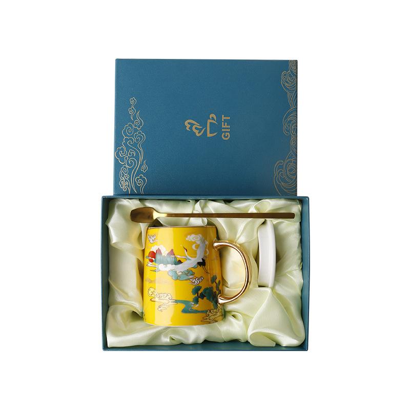 Creative National Tide Style Festive Mug With Spoon And Lid  Personality Ceramic Cup Chinese Style Couple Coffee Water Cup