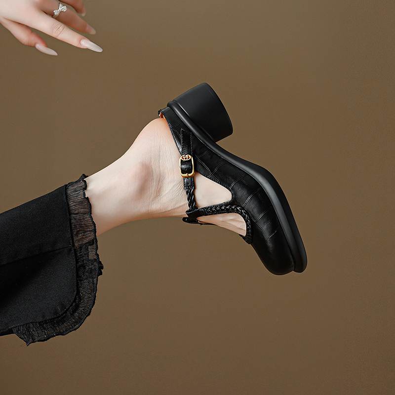 Krazing Pot Cow Skin Round Toe Size 42 Thick Round Med Heels Slip on Platform Mules Gladiator Autumn Pumps