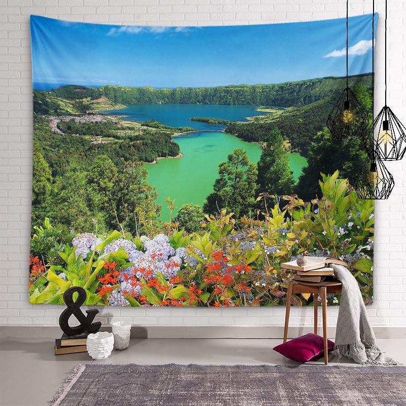 Mountains Lake Flowers Wall Art Decorative Aesthetic Tapestry Backdrop Wall Decor Living Room Bedroom Room Home Decor Tapestry