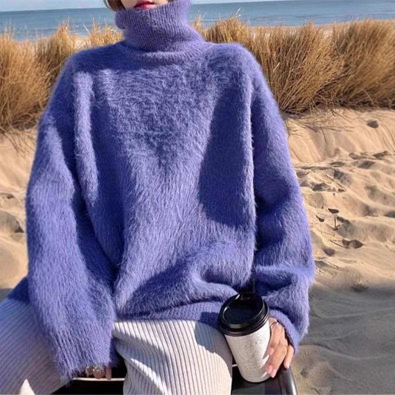 Women's Soft & Fluffy Faux Mink Fur High Neck Pullover Sweater - Autumn/Winter Trend