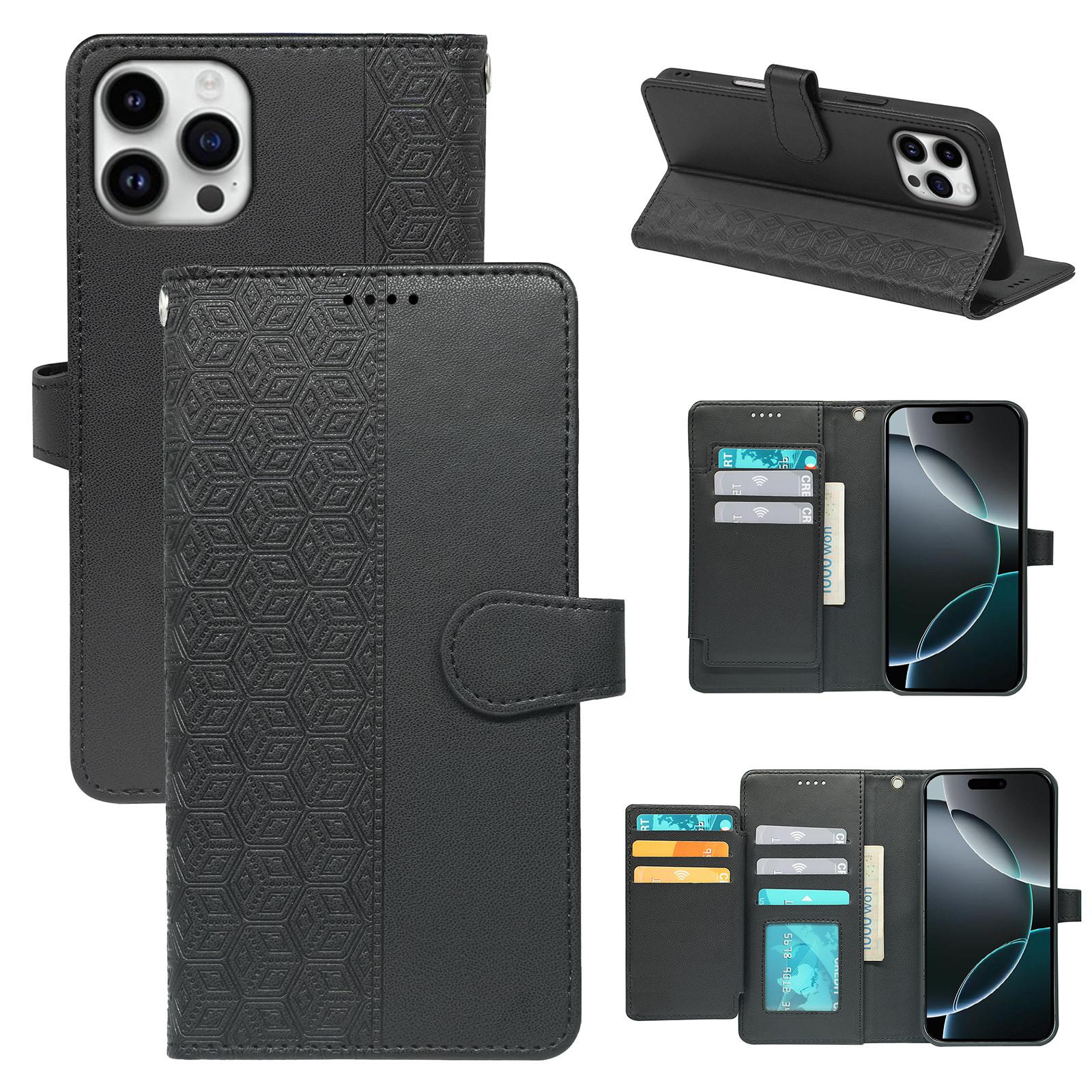 

For iPhone 16 Pro Max Case with 9 Card Slots Checkered Pattern PU Leather Phone Cover Black