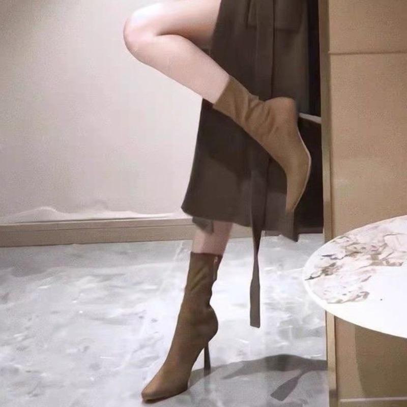 Fashion Fall New Side Zip Slim Heel Single Boots Women's Fashion Pointed Toe Suede Non-Slip Wear-Resistant Short Boots
