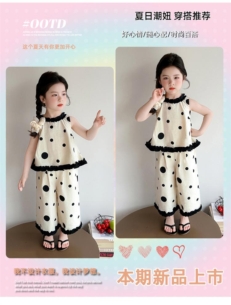 Girls' summer black bow polka dot doll shirt set, stylish and stylish, two cartoon wide leg pants for little girls