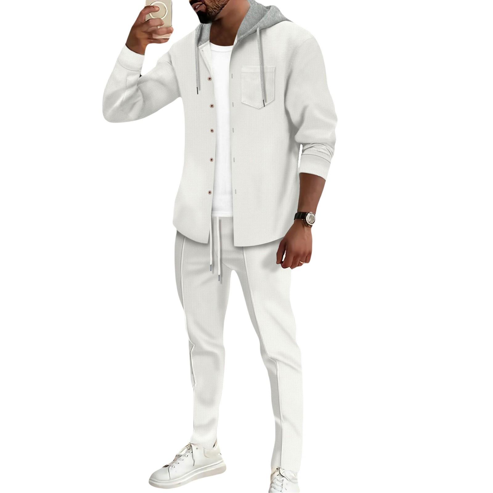 

Мужская зимняя повседневная теплая толстовка с капюшоном на пуговицах, мужские спортивные брюки с капюшоном XL белый