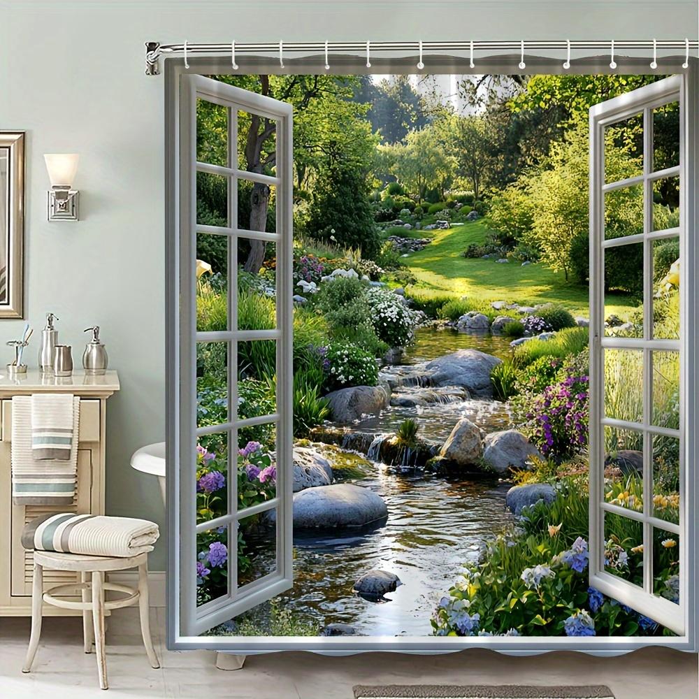 

Душевая занавеска: Безмятежный вид сада с ручьем и цветущими цветами для расслабляющего декора ванной комнаты W90XH180cm