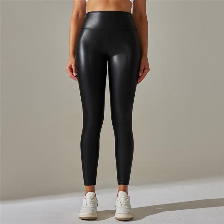 Leggings High Waist Yoga Sports Women Pants Elastic Pu Leather High XS чёрный