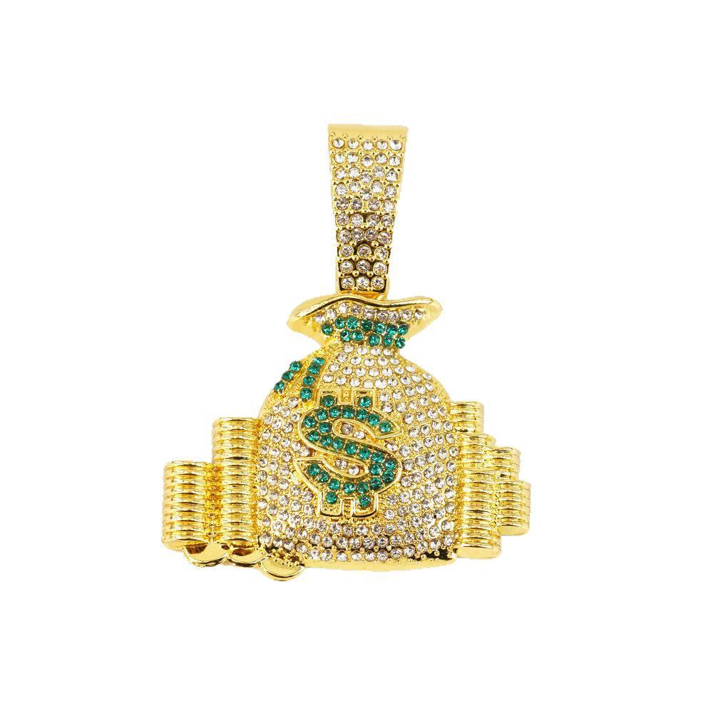 Popular diamond-encrusted money bag pendant, new alloy necklace, daily casual wear, personalized hip-hop Cuban chain.