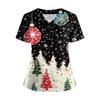 Women's Short Sleeved Christmas Printed V-neck Buttonable Side Slit Top T-shirt