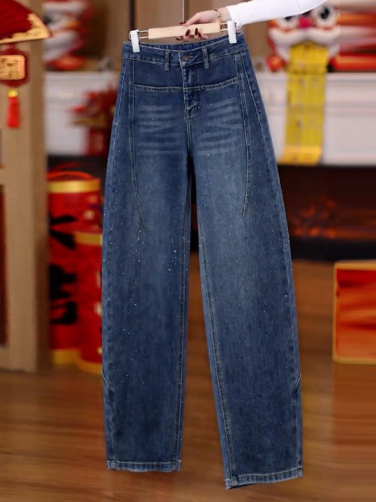 

2026 Trendy Vintage Blue High-Waisted Wide-Leg Women s Jeans L [Waist 105-115]