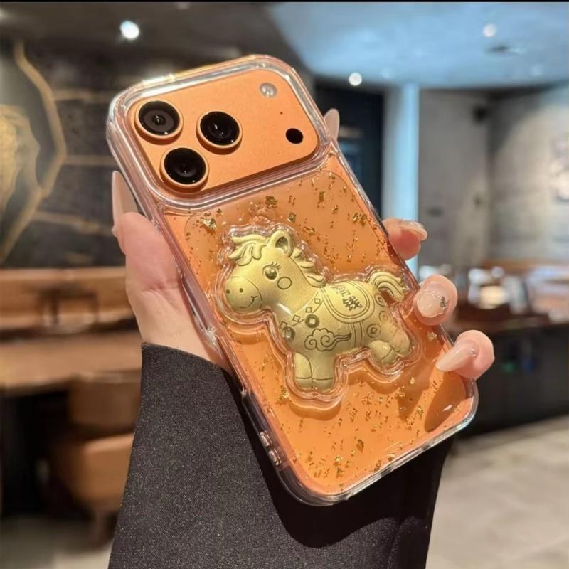 3D Gold Horse Get Rich Sequin Transparent Phone Case For iPhone 17Promax 17Pro 12 13 14 15 16 Pro Max 15 Plus 11 Shockproof Cover