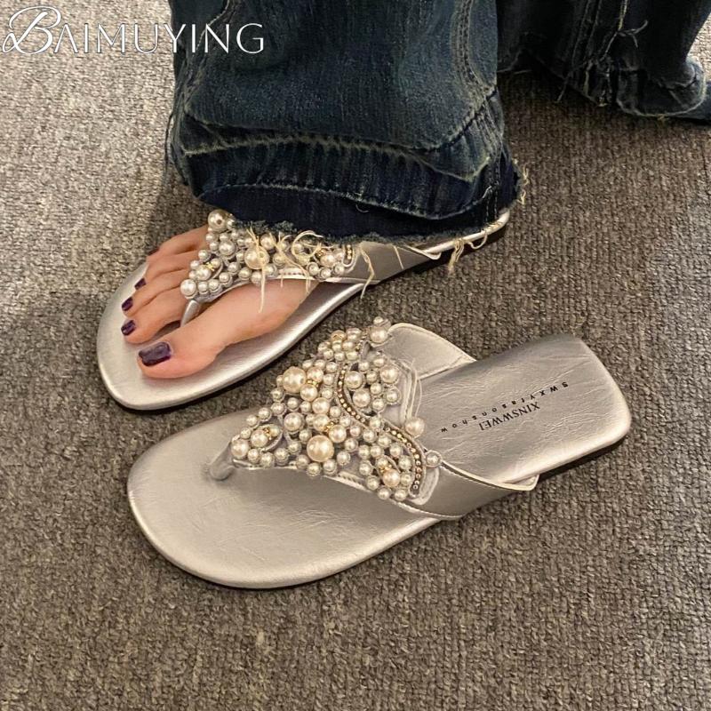 Fashion Bead Women Slippers Flat Sandals Flip Flops Casual Shoes Woman Summer 2025 Trend Beach Open Toe Comfort Clip Toe Slides Mujer