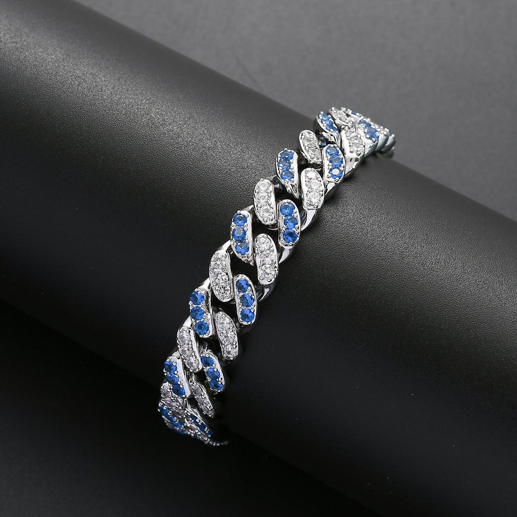 12mm Micro Inlaid Sea Blue White Zircon Silver Plated Brass Cuban Bracelet Trendy Hip Hop Anniversary Accessory