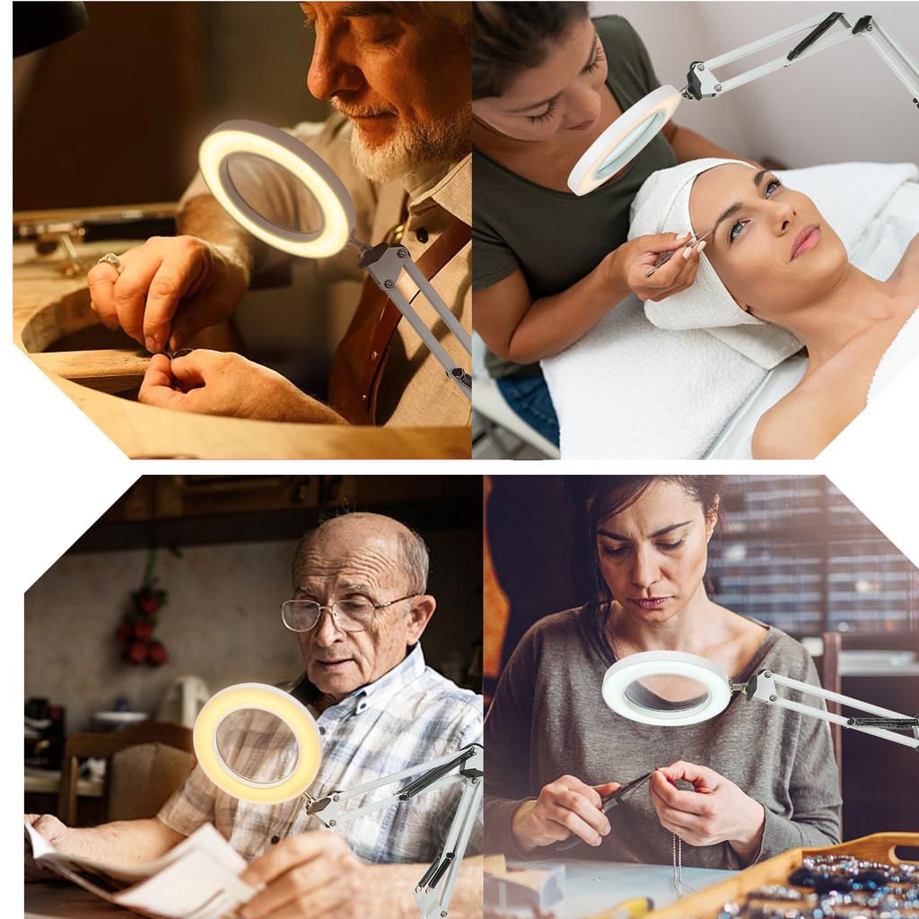 Tomshine Flexible Clamp-on Table Lamp with 8x Magnifier Swing Arm Dimmable LEDs Desk Light 3 Color