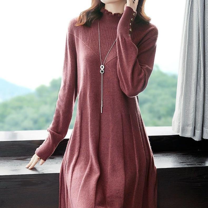 Vestido de Punto Midi Vestido Suéter de Color Sólido para Mujer Vestido Suéter de Punto hasta la Rodilla para Otoño e Invierno para Mujer Jersey