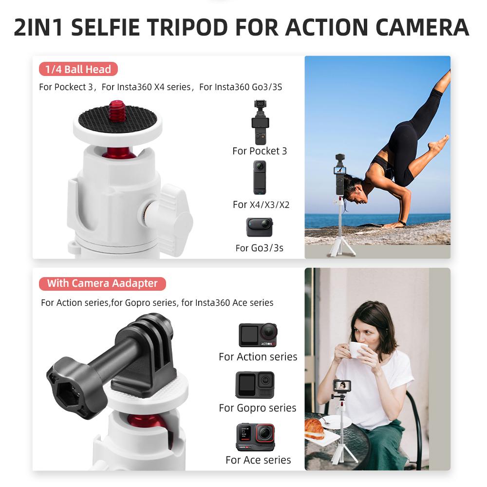 FLYMILE Universal Selfie Stick for GoPro Insta360 Action Cameras Tripod with Rotating Ball Head