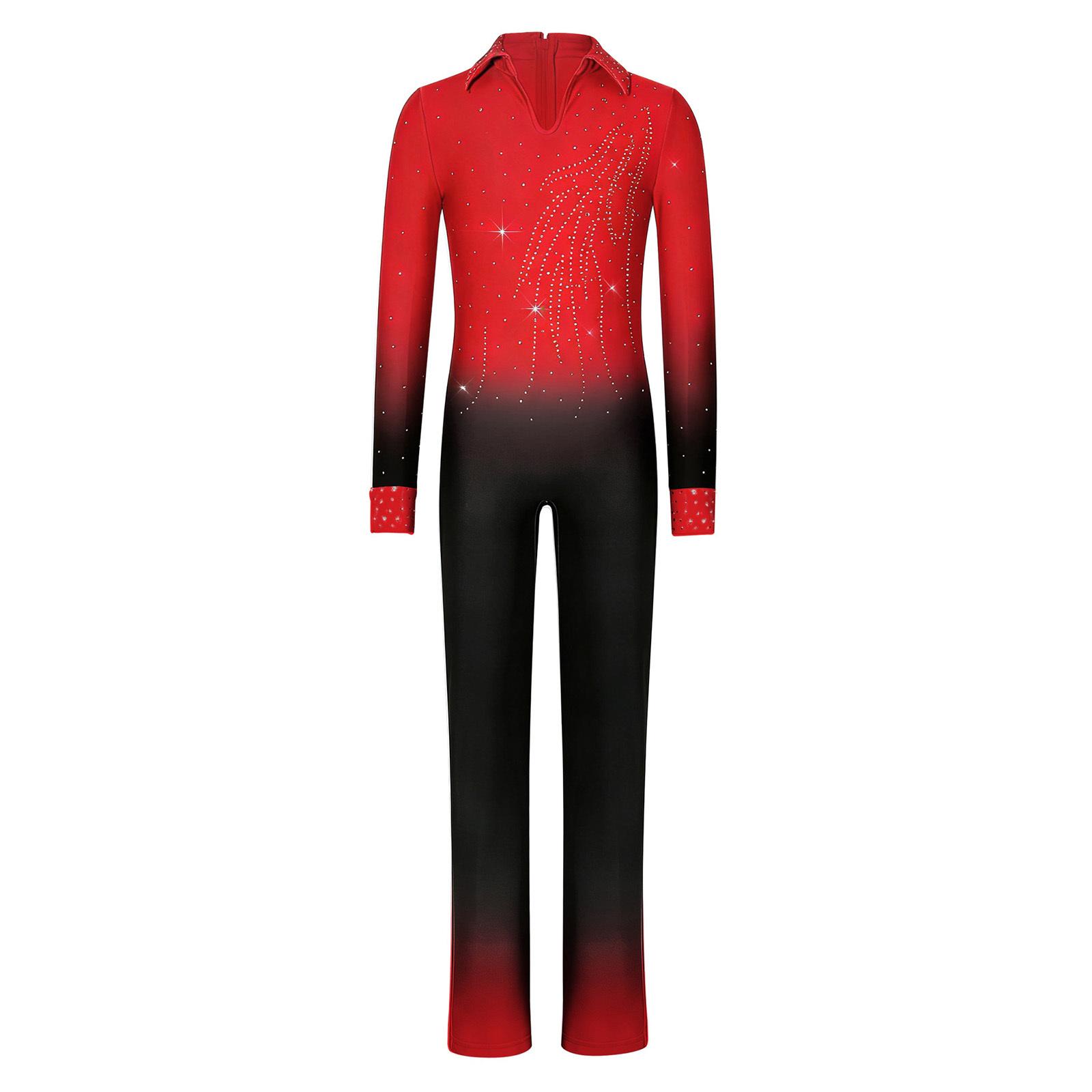 Jungen Funkelnder Strass Vollkörper-Jumpsuit Langarm Lange Hose Farbverlauf Eiskunstlauf Tanz Bodysuit 13-14 Years schwarz/rot