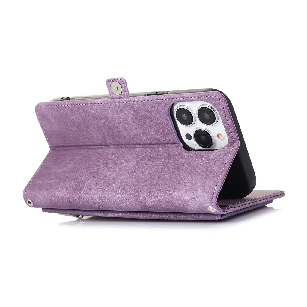 For iPhone 16 Pro Case Zipper Pocket 9 Card Slots PU Leather Phone Cover with Wrist Strap