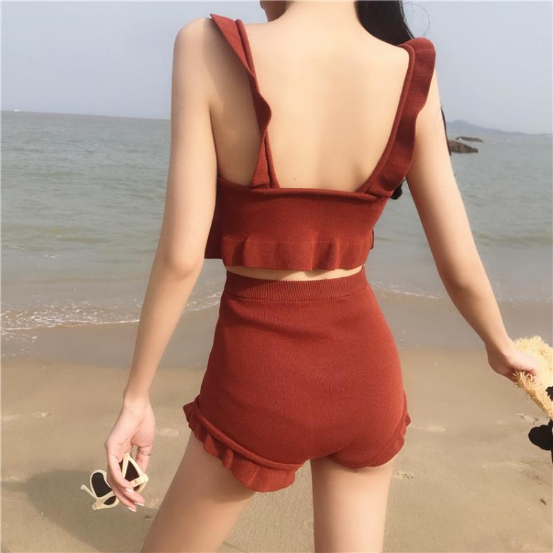 Conservative Knit Bikini Set Ruffle Trim Push Up High Waisted Boy Short Tummy Control Slimming Student Summer Beach Hot Spring Bathing Suit Swimwear