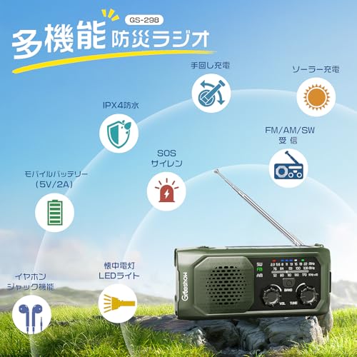 Greeshow GS-298 Multi-Function Emergency Radio with Hand-Crank Charging, FM/AM/SW Compatible, Solar/USB Charging, Fast Smartphone Charging, IPX4 Water