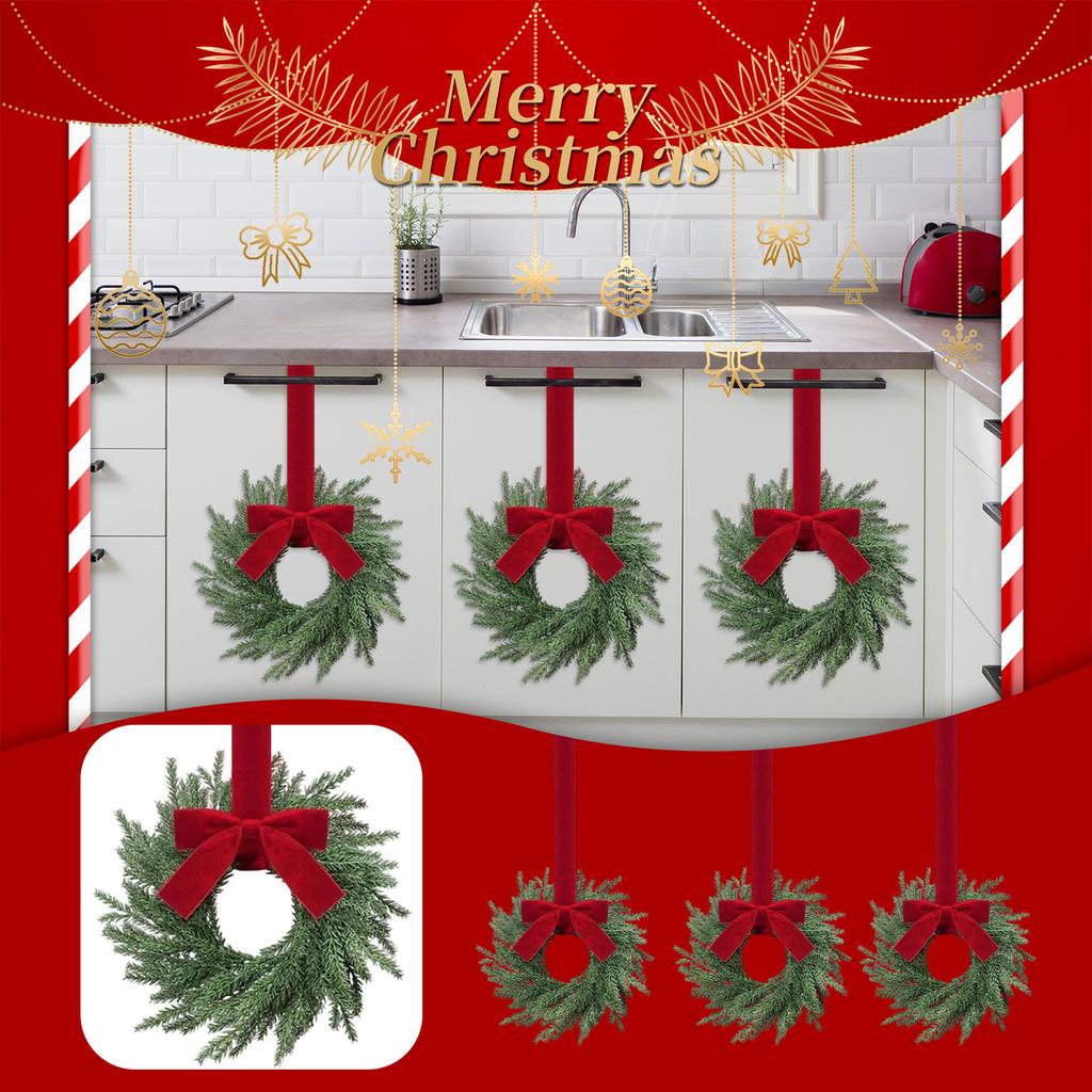 Christmas Kitchen Cabinet Wreaths With Plaid Bow Ribbon Hanging Cabinet Doors Wreaths Decorative For Kitchen Window Outdoor Indoor Holiday Decor