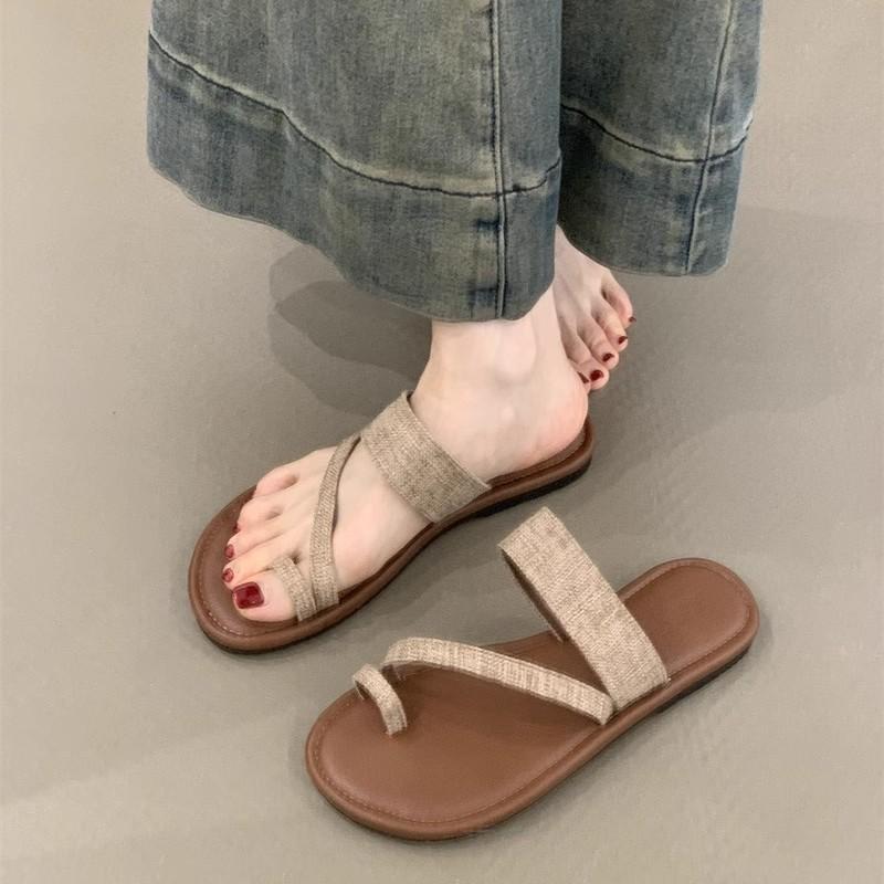 Set of Toe Roman Sandals 2025 Summer Korean Version Ins Style Linen Toe Holiday Beach Flat Cool Slippers Women
