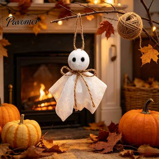 Retro Holiday Window Displays Halloween Ghost Ornament, 4 Inch Small Doll Hanging Decoration with Jute Rope, Autumn Garden Party Decorations Farmhouse
