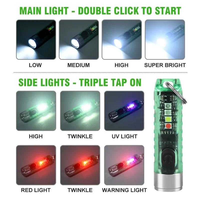 Multifunktions-Mini-EDC-LED-Taschenlampe Tragbares Schlüsselbundlicht MagneticTorch USB-aufladbare UV-Lampe Notfall-Campinglaterne