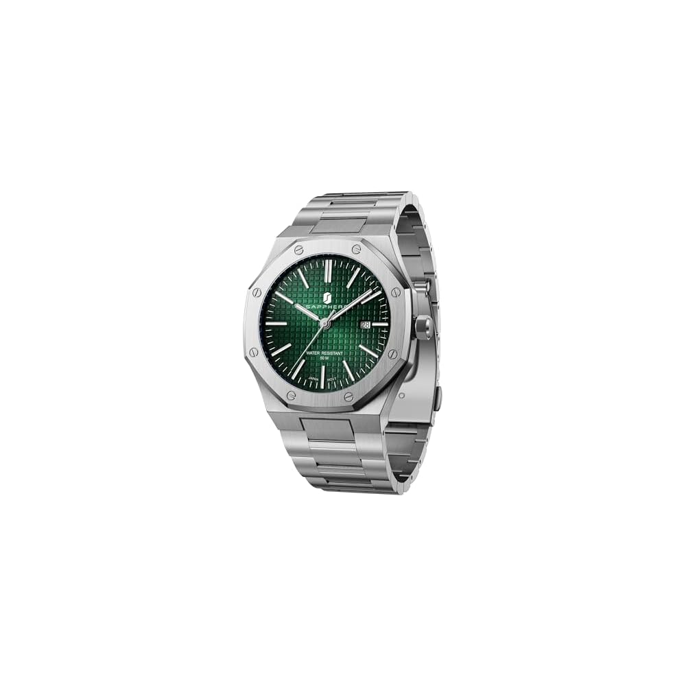 SAPPHERO Men s Chronograph Watch Stainless Steel 50M Water Resistant Analog Date Display Silver Green