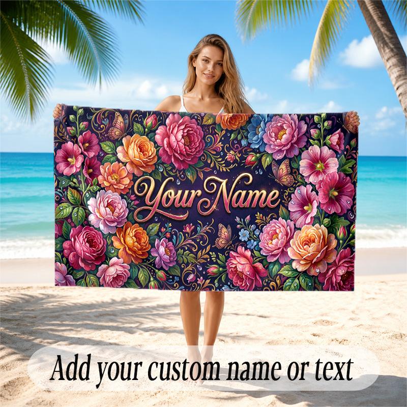 Floral Garden Theme Quick Dry Beach Towel Custom Name Text Print Large Sand Resistant Towel Beach Vacation