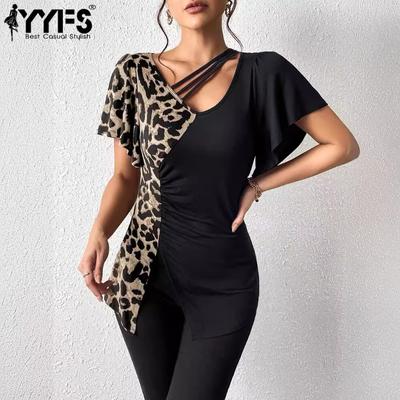 Moda damska Casual Lato Wiosna Panterka Nadruk Krótki Rękaw Dekolt w Serek Bluzki i Koszule