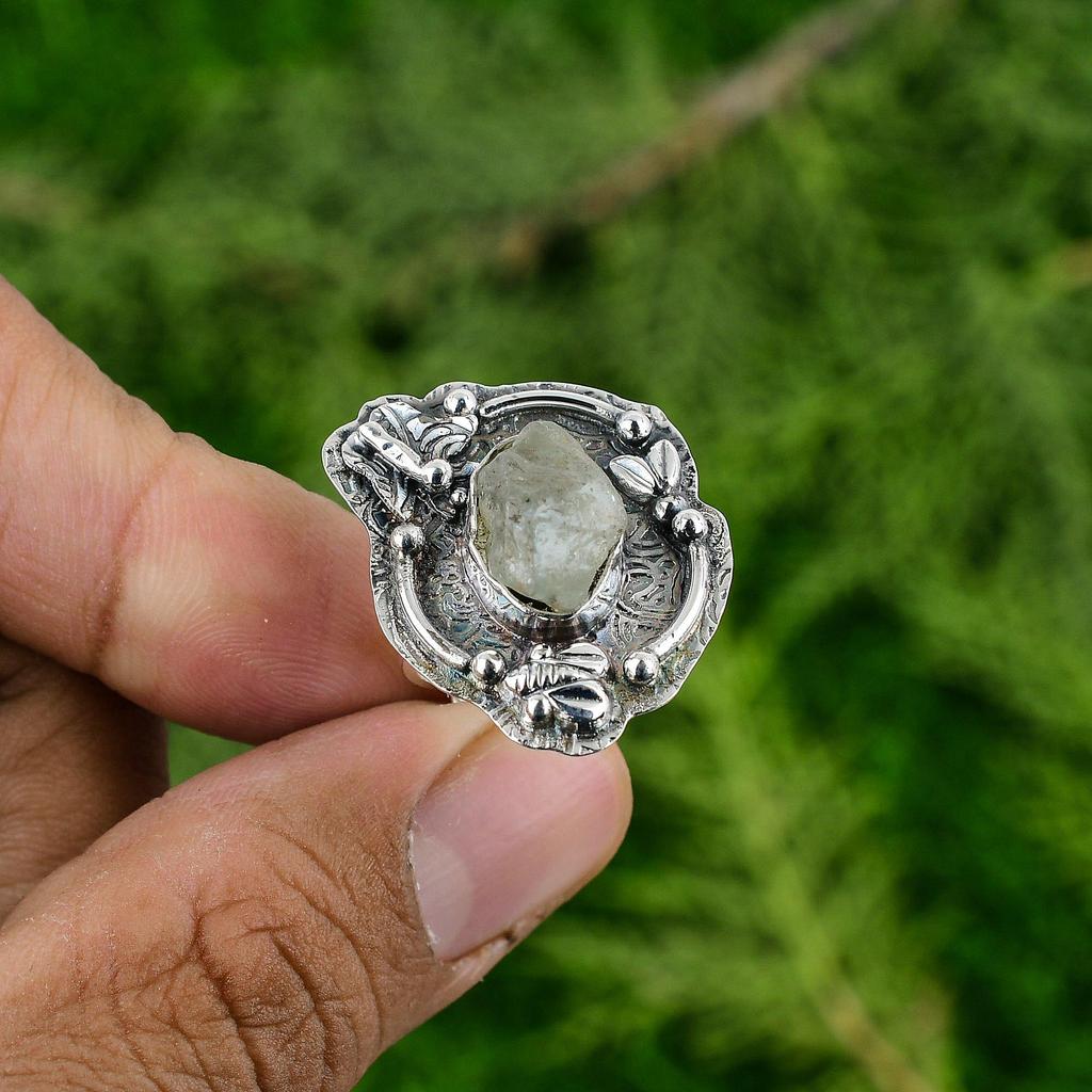 Wedding Gift For Her 925 Silver Natural Prehnite Rough Statement Adjustable Ring