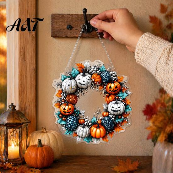Halloween Decoration for Front Porch Pumpkin Pendant with Hanging Chain Waterproof Acrylic Welcome Spooky Plaque Sign Door Window Wall Indoor Outdoor