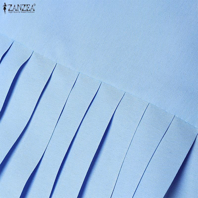 ZANZEA Women Casual Round Neck Short Sleeve Pleated Dress