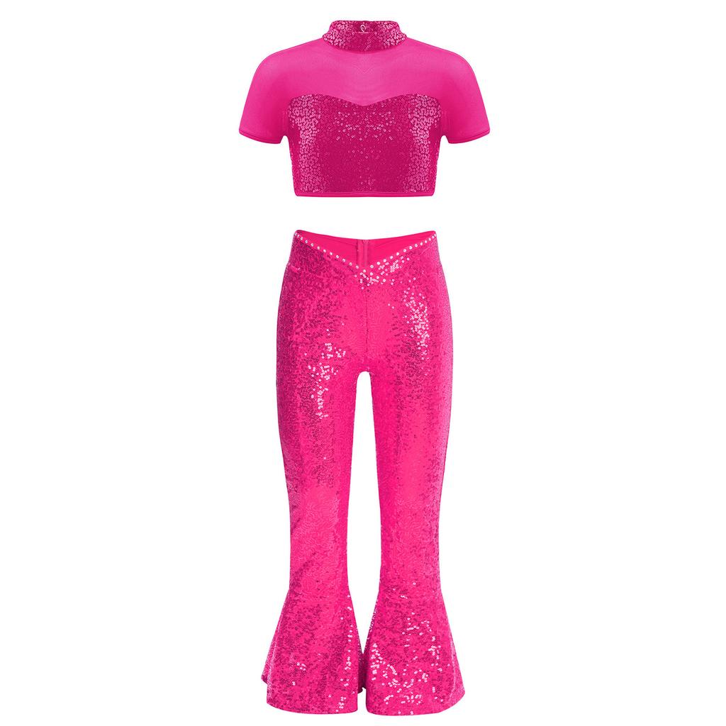 Girls Performance Costume Short Sleeve Mesh Patchwork Cutout Back Sequins Crop Top Sequin Zipper Bell Bottomed Pants