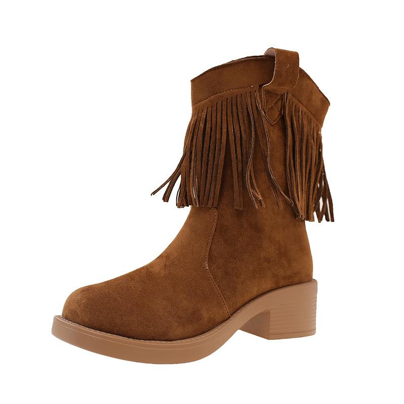 Martin boots women's new short boots thick heel fringed small western boots