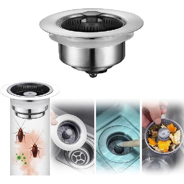 Фильтр для мойки из нержавеющей стали 3 в 1, фильтр для запахов кухонной мойки - фильтр-уплотнитель для мойки пресс-типа (поколение) Generation