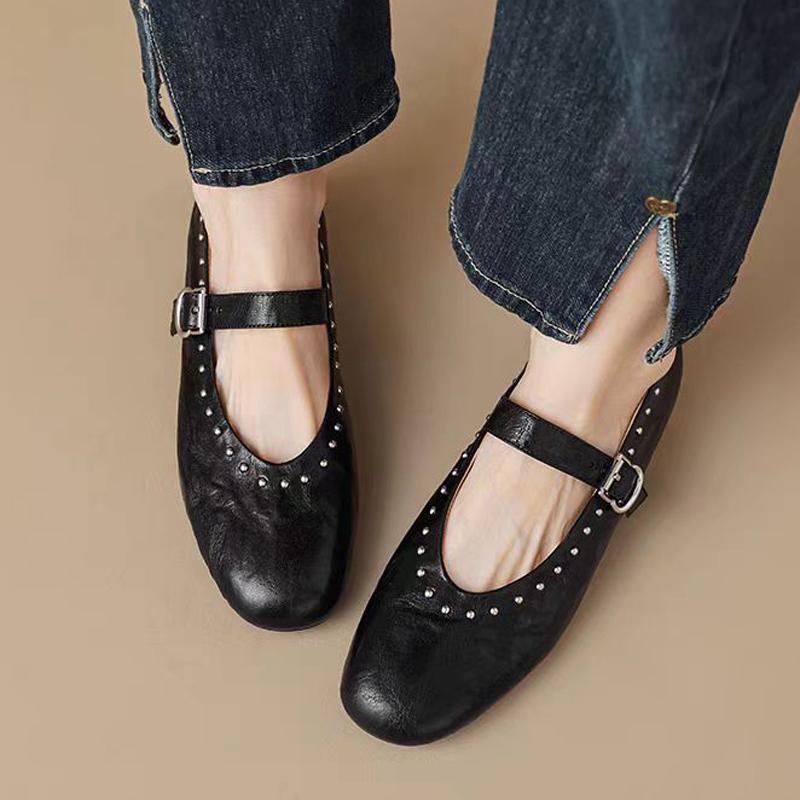 Fashion Retro Rivet Buckle Strap Flats Mary Janes Woman Solid Leather Ballets Shoes Ladies Spring Slip On Loafers Femme Studs Mocasines