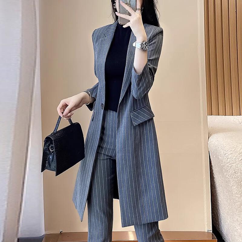 Women's Striped Long Trench Coat & Pant Suit Set