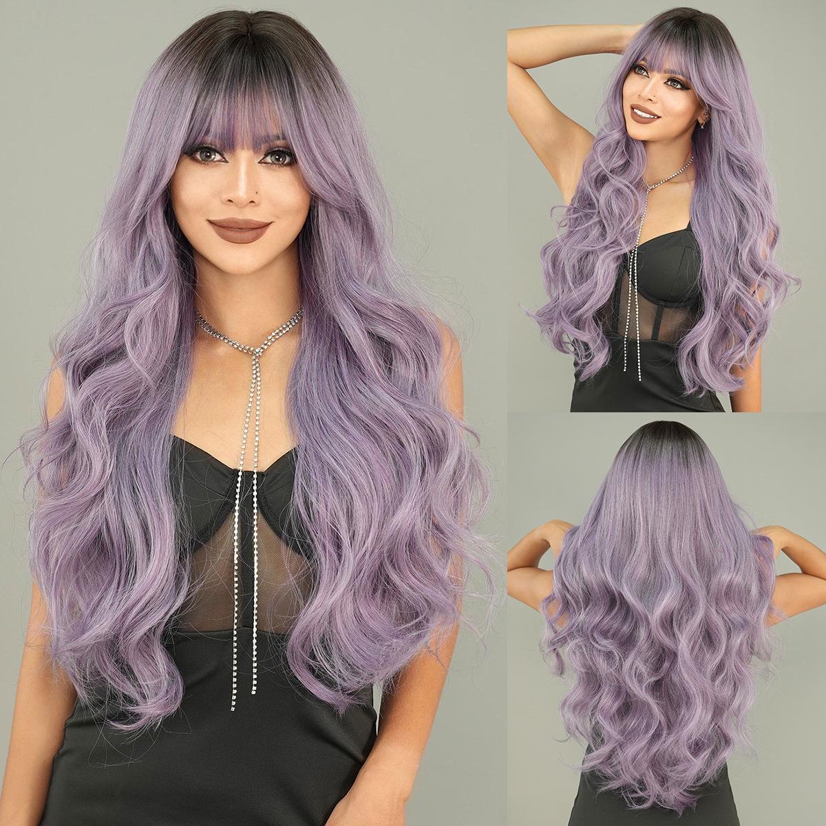 

Fashionable Grey Purple Gradient Dyed Long Curly Synthetic Wig High Quality Ladies Wig