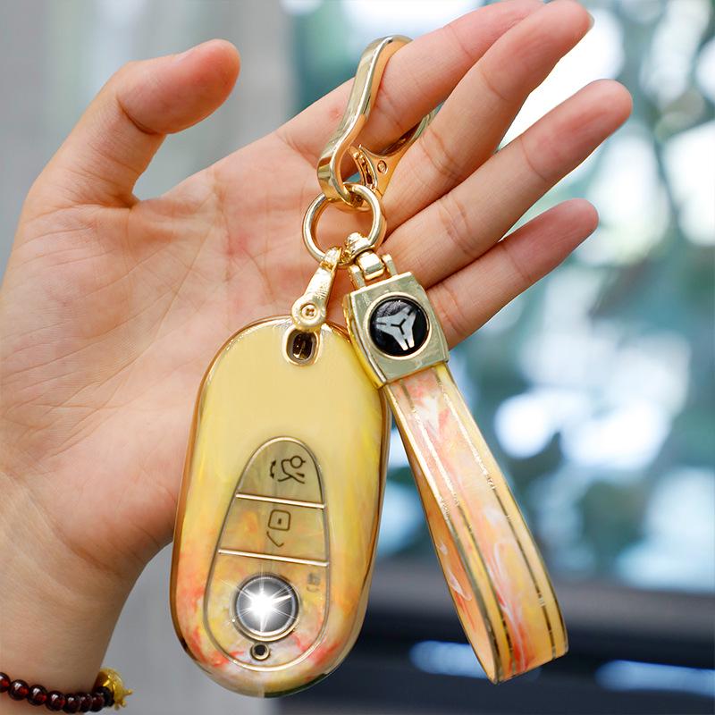 Mercedes-Benz Key Case for C260, LC200L, S400 Maybach, EQE, GLC with Gold Inlaid Jade Shell
