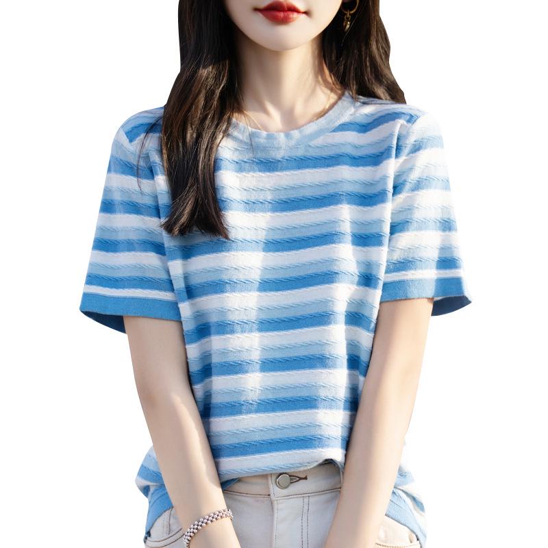 2024 Frühherbst Damen Baumwolle Farbblock Gestreiftes T-Shirt