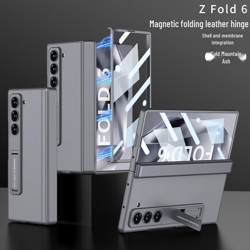 Samsung Z Fold6 Case: Plain Leather, Magnetic Hinge, Integrated Screen Protector, Creative Cross-Border Design