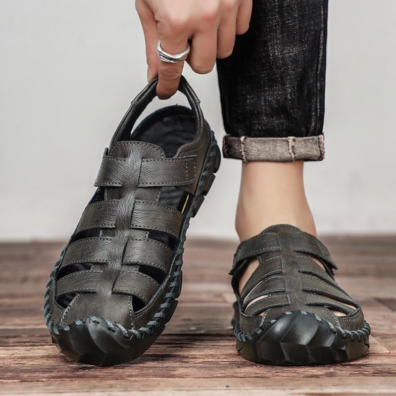 Fashion High Quality Men's Comfortable Leather Hand Sewn Casual Sandals for Summer New Men's Breathable and Non Slip Roman Beach Shoes