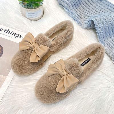Fashion 2025 Big Size 35-43 Women Mink Hair Shoes Fur Flats Winter Lace Butterfly-Knot Loafers Femme Plush Cotton Mocasines Fluffy Boots