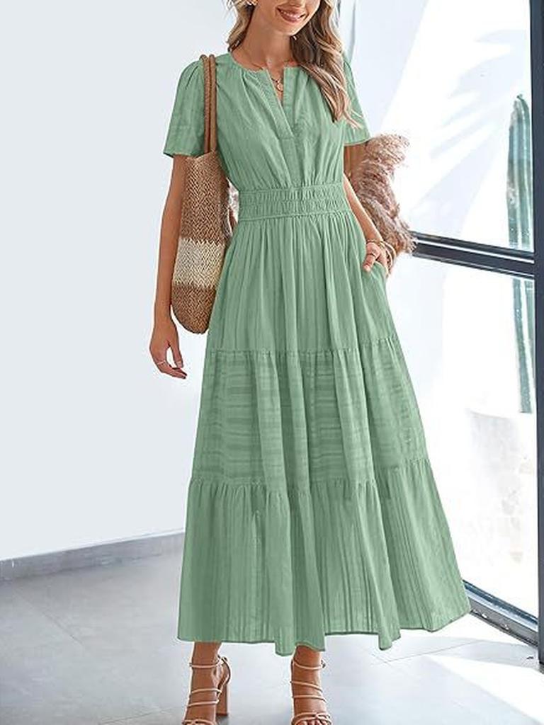 Spring/Summer Women's Fashion V-Neck Ruffled Bubble Sleeve Layered Maxi Dress for Women
