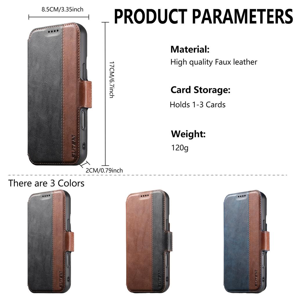 SUTENI Q-07 For iPhone 16 Plus Case Magnetic Color Splicing Cowhide Texture Leather Cover