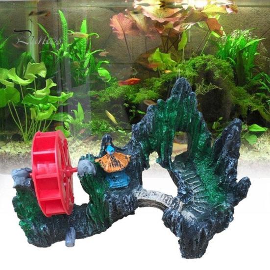 Spinning Waterwheel for Fish Tank Aquarium Waterwheel, Ornament, Mini Rockery Mountain Air Bubbler, Resin Accessory Aerating Action Hideout Cave Betta
