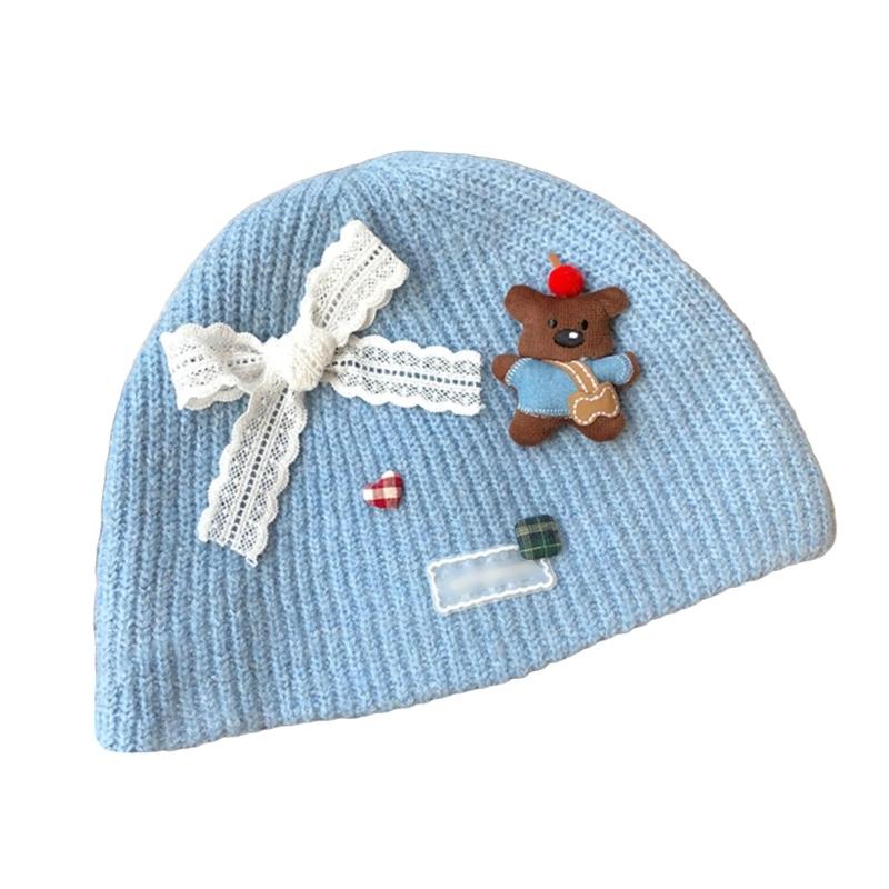 Bear Pattern Hat Adult Soft Plush Hat Thicken Female Hat Versatiles Stylish Hat синий