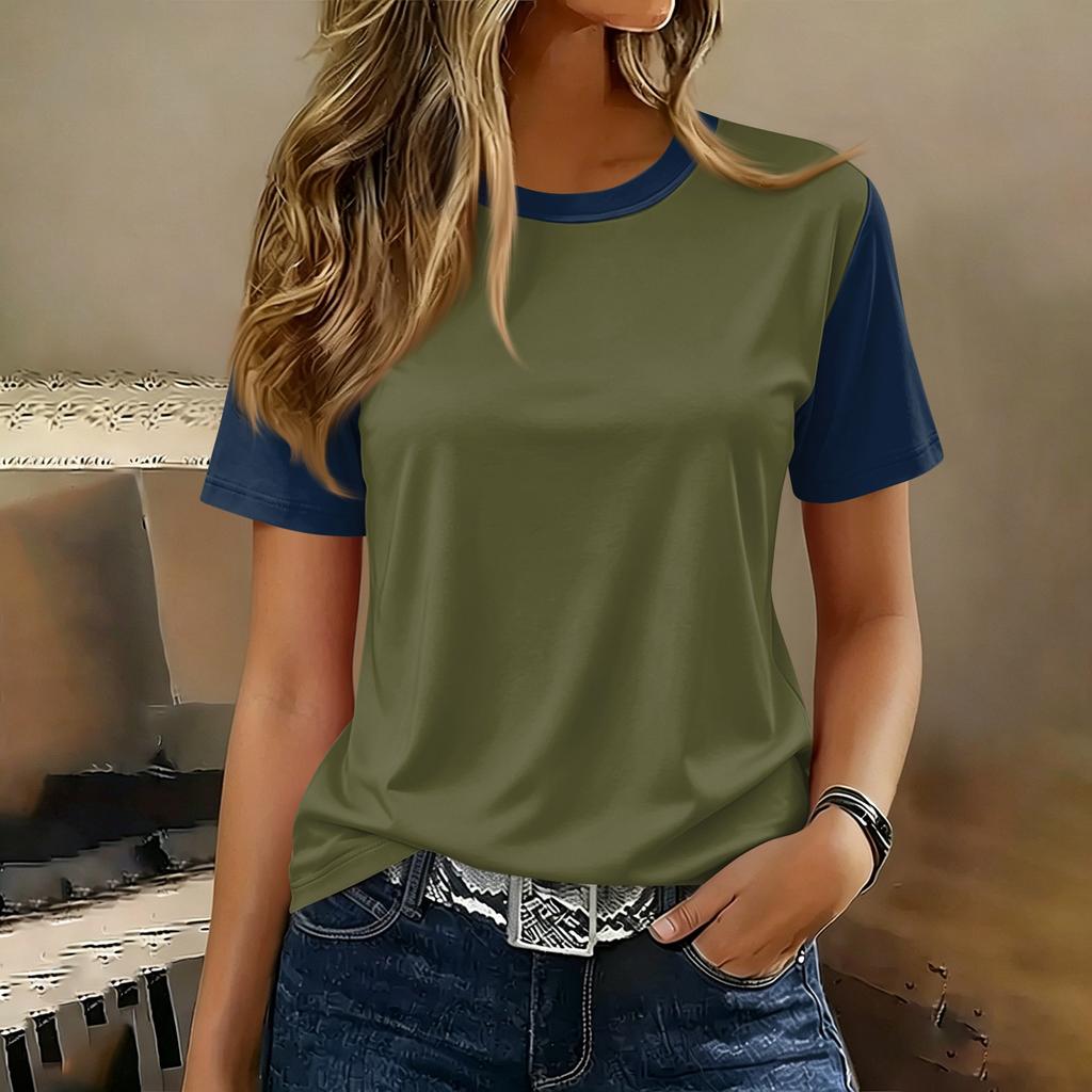 Women's Casual Pullover Short Sleeve T Shirt Color Block Crew Neck Top Lightweight Soft Fabric Comfortable Fit