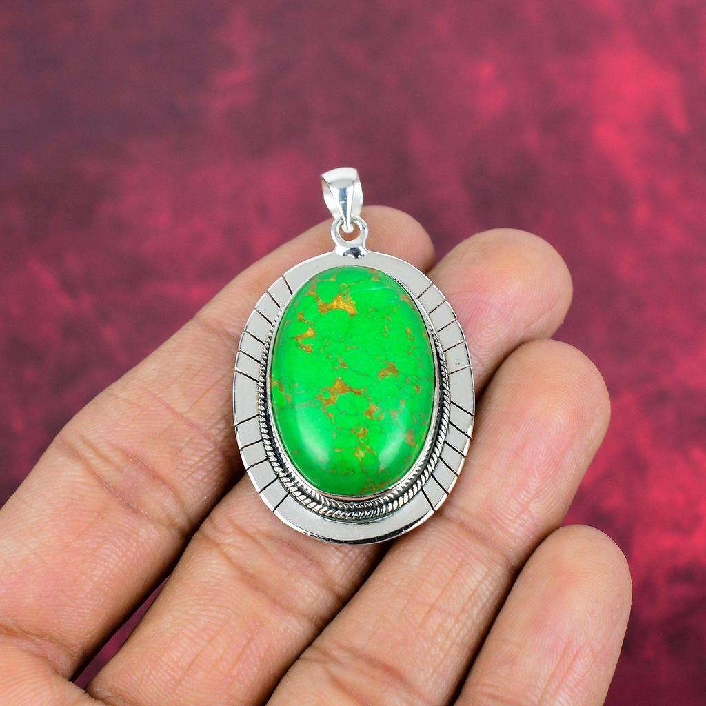 Grüner Kupfer Türkis Anhänger, 925 Sterling Silber Anhänger Edelstein Schmuck, handgefertigter Anhänger Erstaunlicher Schmuck, Geschenk für Sie
